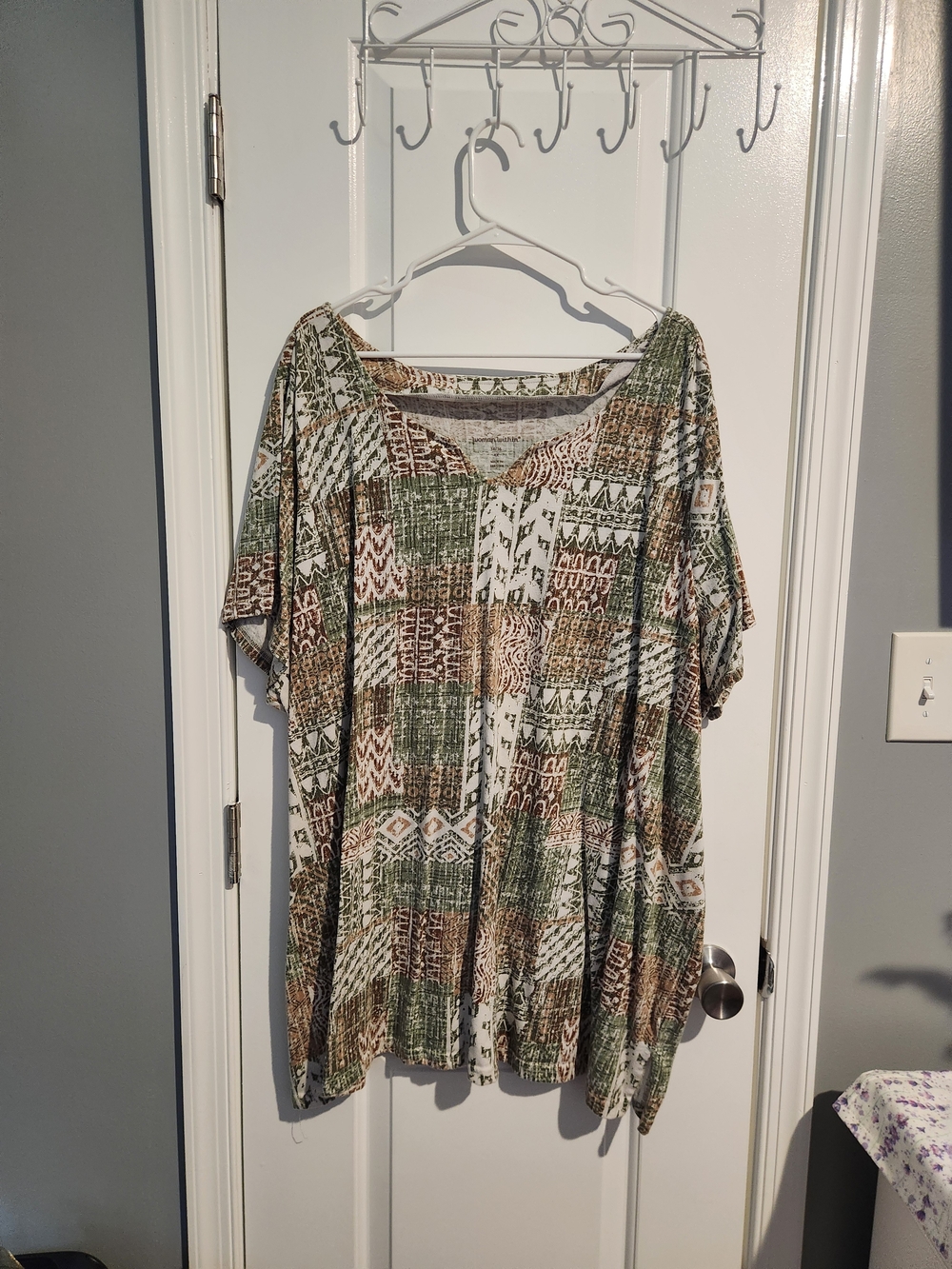 Woman Within Short Sleeve V-Neck Tunic in Green, Brown and Cream